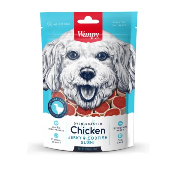 خرید ، قیمت و مشخصات تشویقی سگ مرغ جرکی و سوشی ونپی | Wanpy Chicken Jerky & Codfish Sushi
