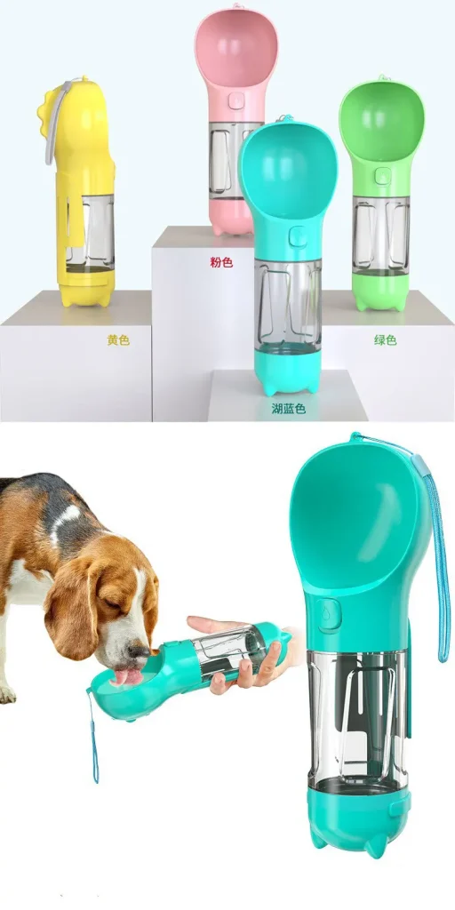 خرید و مشخصات قمقمه چهار کاره سگ پت شاپ لنداف هانا | 4 in 1 Portable Dog Water Bottle with Food Container and Waste Bag Dispenser