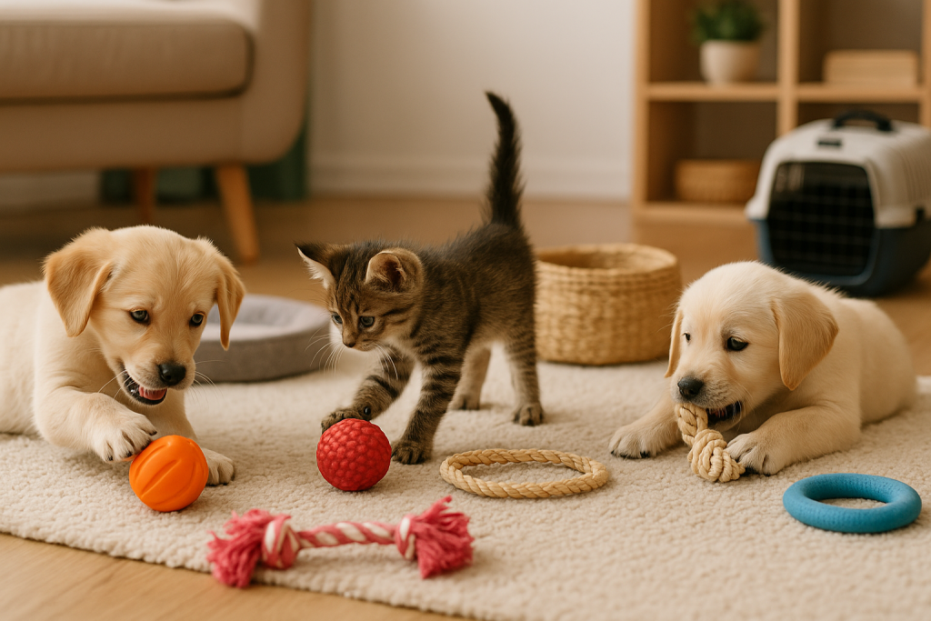 حالا یه عکس بساز که هم توله سگ ها هم بچه گربه ها باهم بازی کنن و با وسایل هایی که دارن بازی کنن | پت شاپ لنداف هانا
